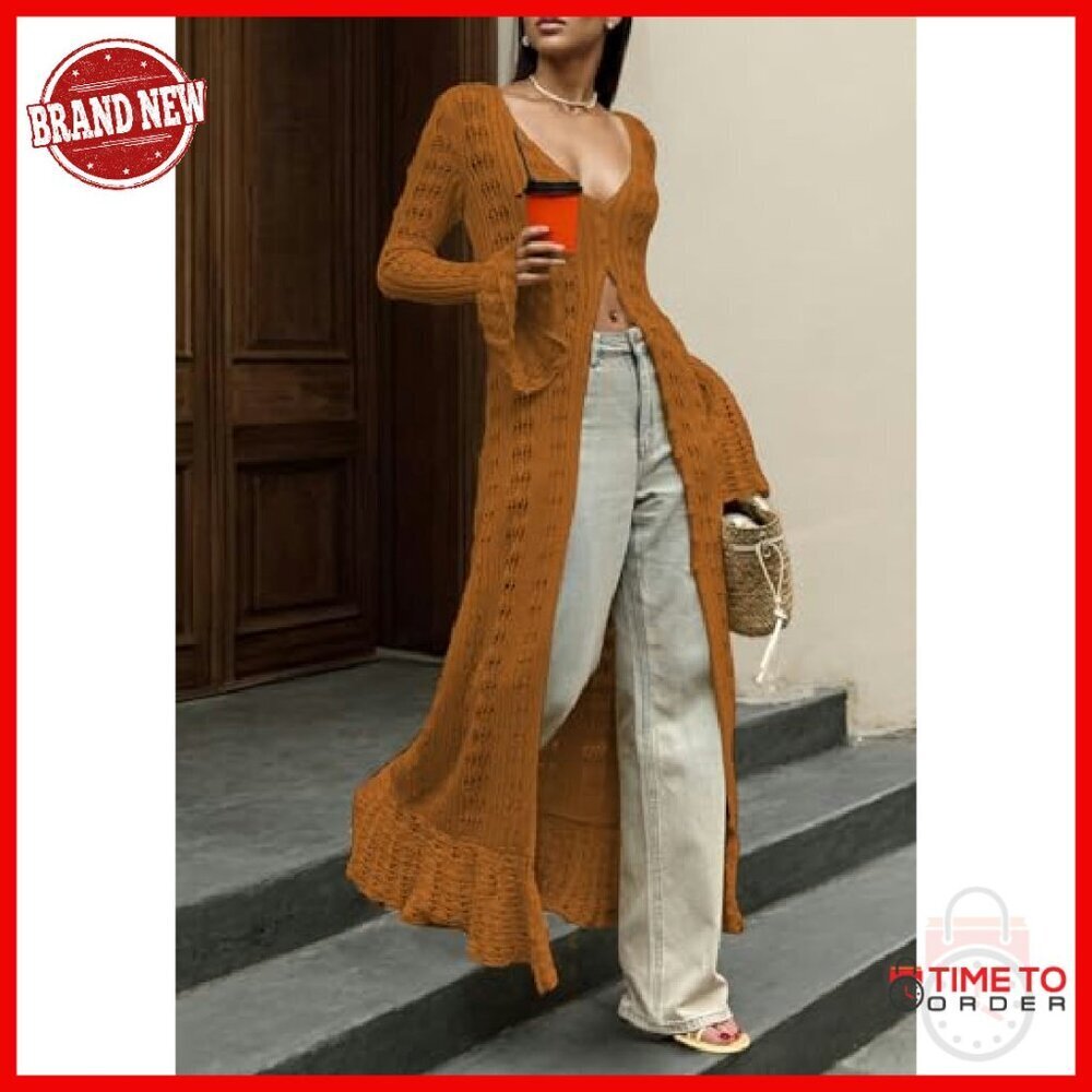 Long Crochet Cardigan Maxi Dress Button Down Boho Cover Up Sweater - Picture 5 of 8